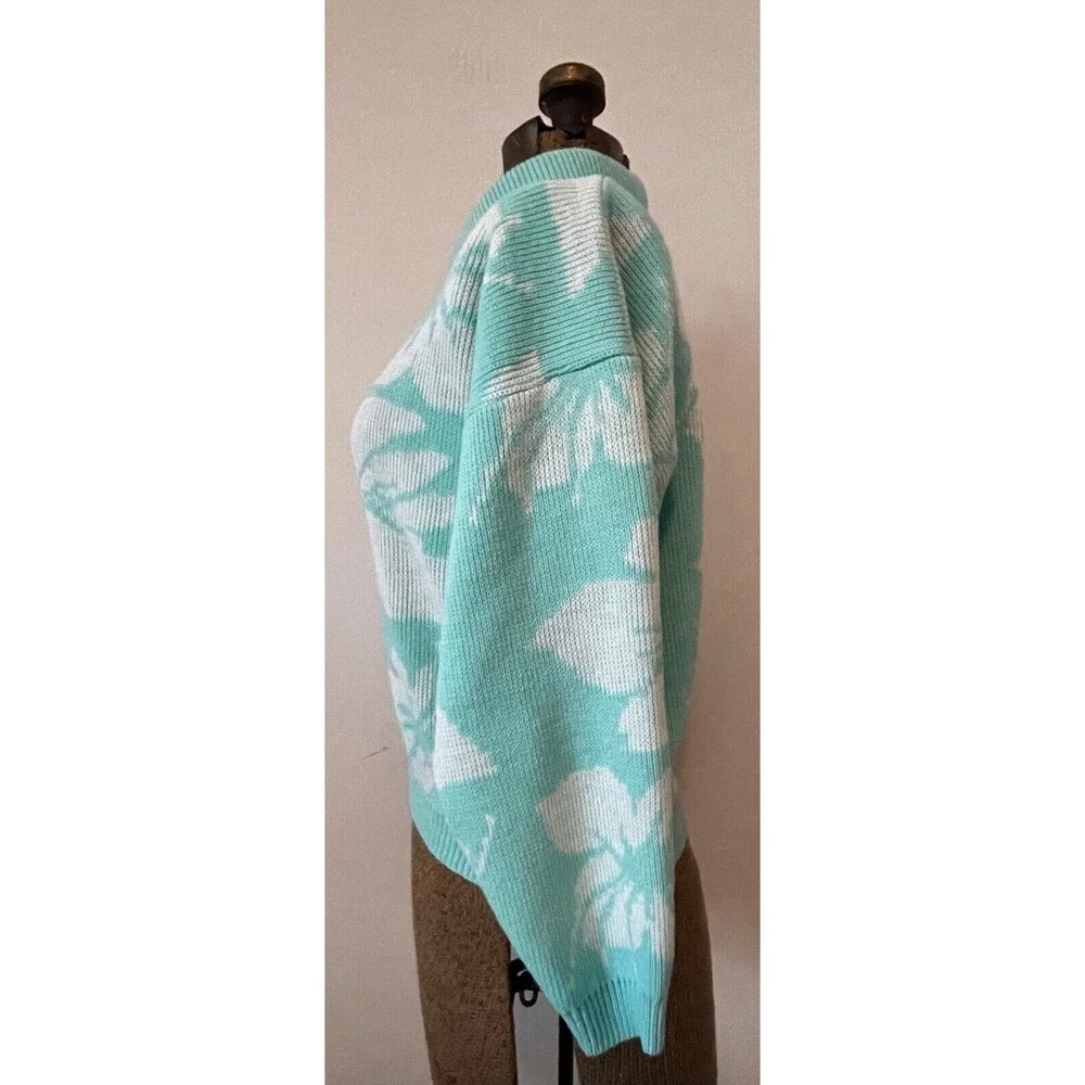 Vintage 90s Kate Collins Aqua Floral Pullover Sweater Tropical Pastel Sz Med